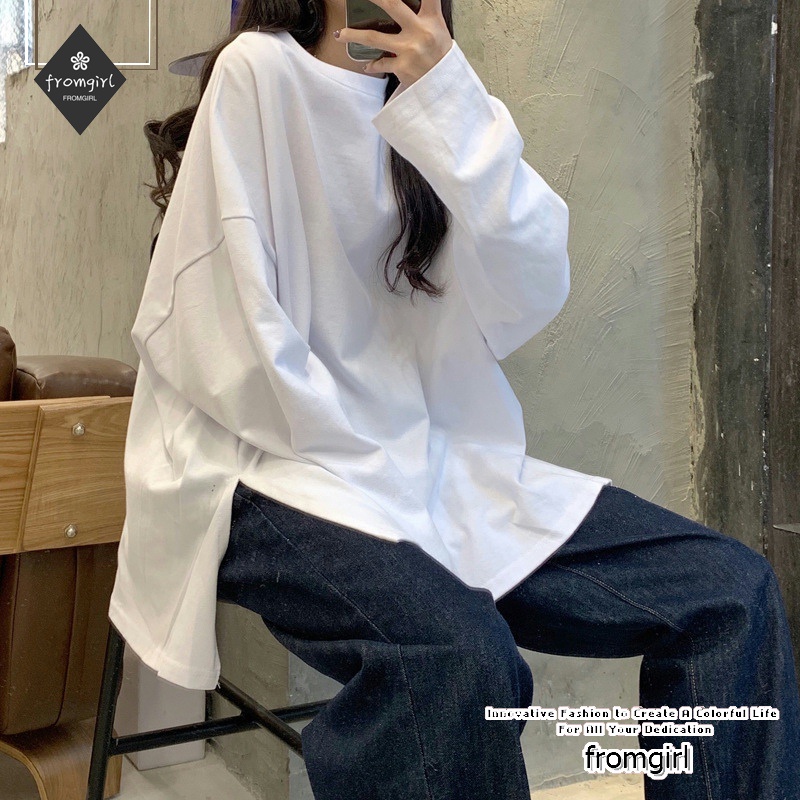 Áo thun tay dài dáng rộng màu trơn phong cách Hàn Quốc trẻ trung cho nữ