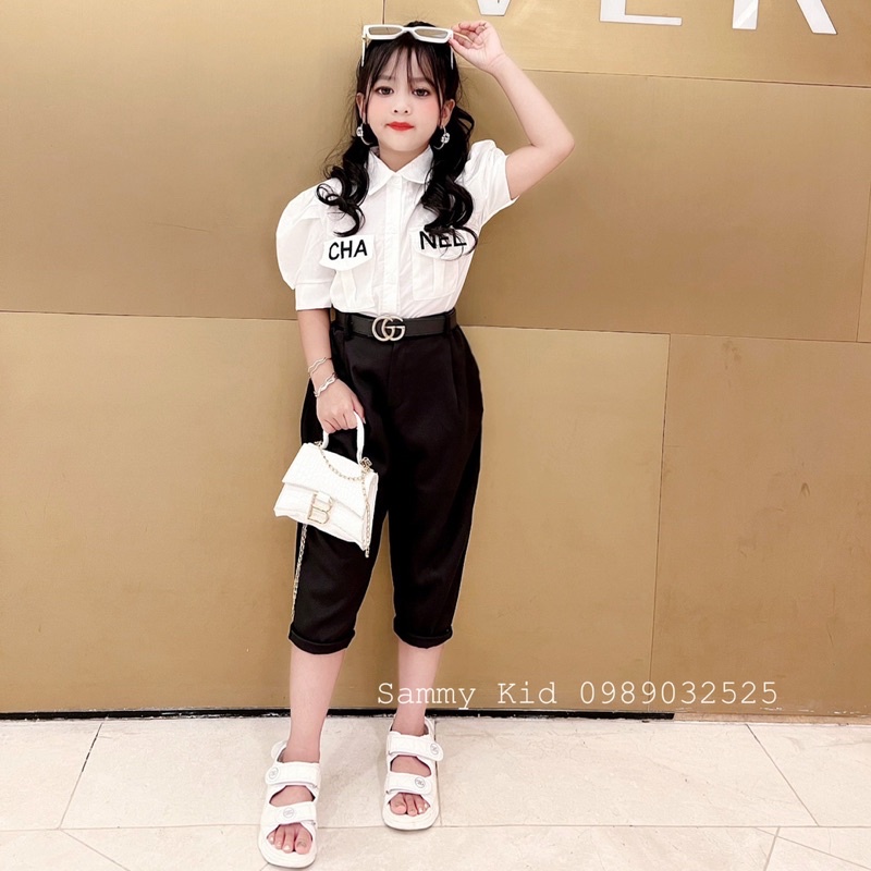 Set Sơ mi thêu cổ sen tay bồng Quần Baggy lỡ cho bé gái size đại 16-41kg basic nữ tính