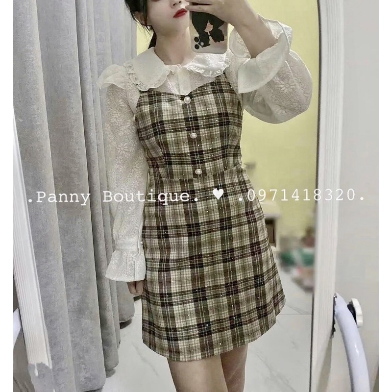 Set đầm yếm kẻ nâu kèm áo ren bèo nữ xinh, style ulzzang Hàn Quốc 🌻 Panny Boutique 🌻