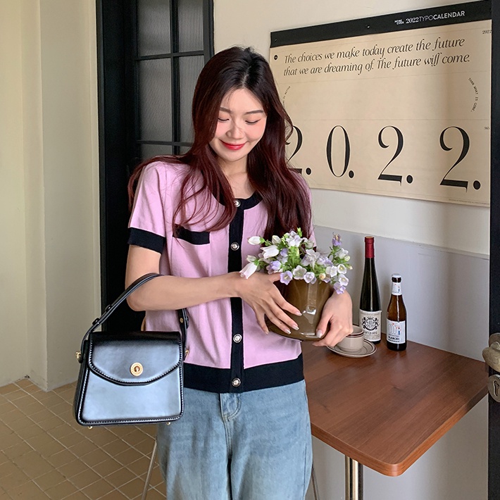 Áo Cardigan Dệt Kim Ngắn Tay Phối Màu Sắc Trẻ Trung 51916