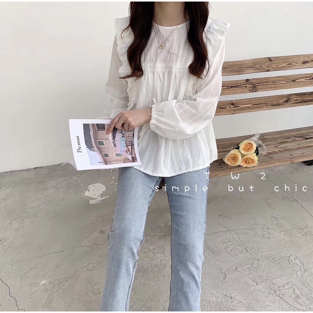 Áo sơ mi babydoll ren bèo vai thắt nơ tay - Áo sơ mi babydoll ren ngực siêu xinh