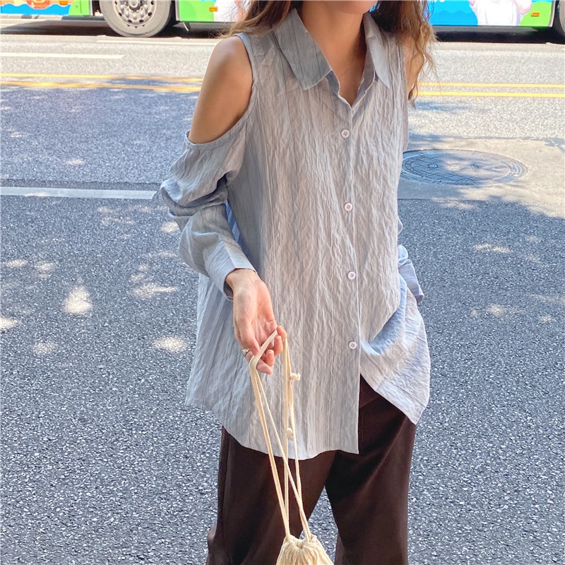 SUXI Áo Kiểu Tay Dài Trễ Vai Phối Nút Phong Cách Hàn Quốc Cho Nữ