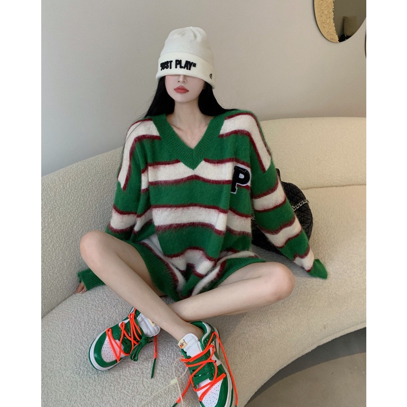 QKOOLE  Áo len dài tay cổ chữ V phong cách Hàn Quốc thời trang cho nữ