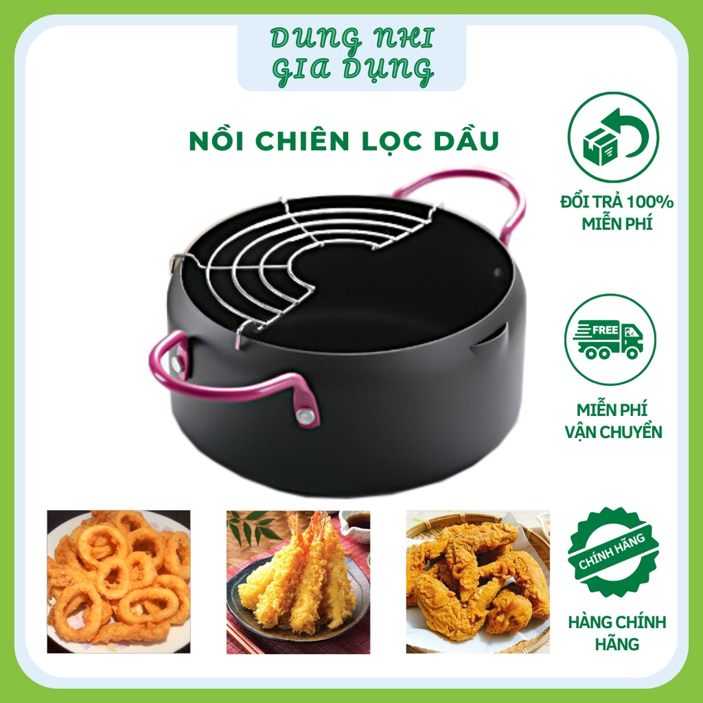 Nồi Chiên Lọc Dầu Tặng Kèm Vỉ Gác Chảo Nồi Chiên Rán Sâu Lòng Đường Kính 18cm Hàng Xuất Nhật