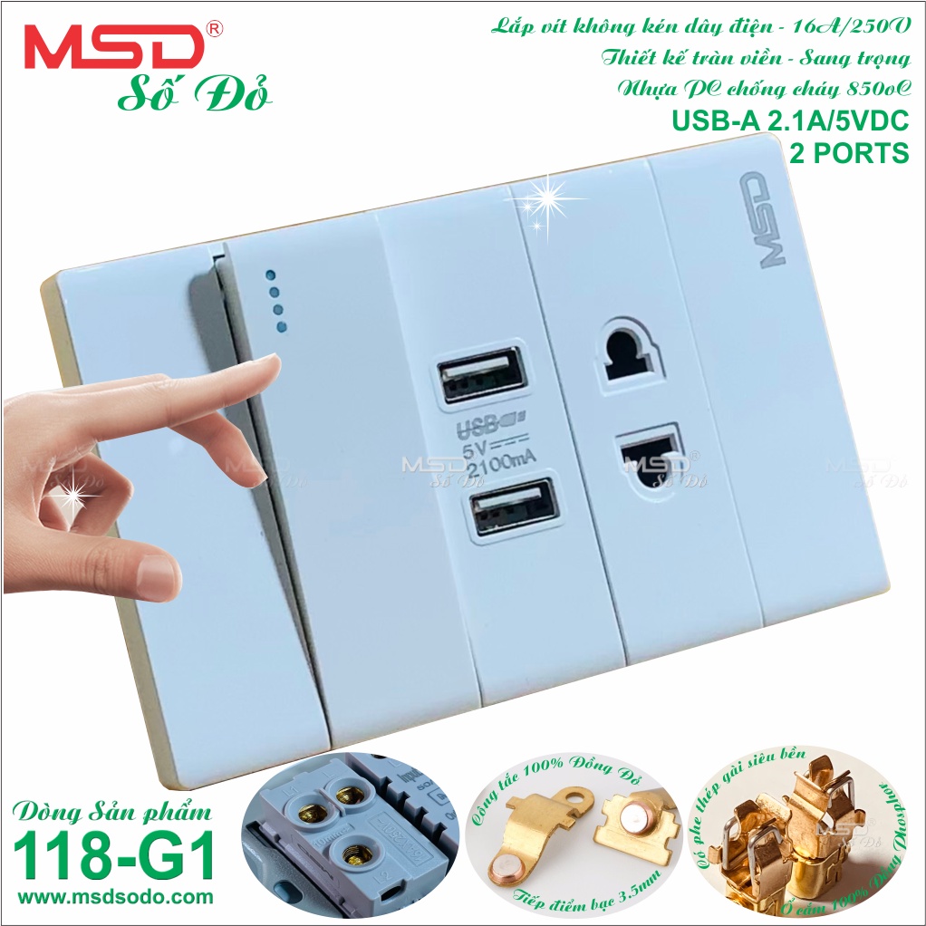 Ổ CẮM SẠC 2 USB + 1 CÔNG TẮC 2 CHIỀU  + 1 Ổ CẮM 2P - DÒNG 118G1