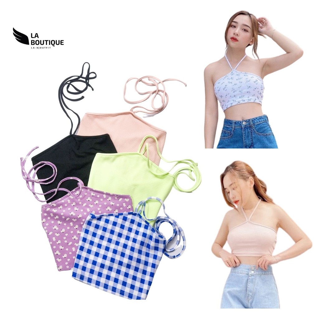 Áo Croptop Nữ Cổ Yếm Cột Dây Hoa Nhí FreesizeThun Gân LA BOUTIQUE LA11