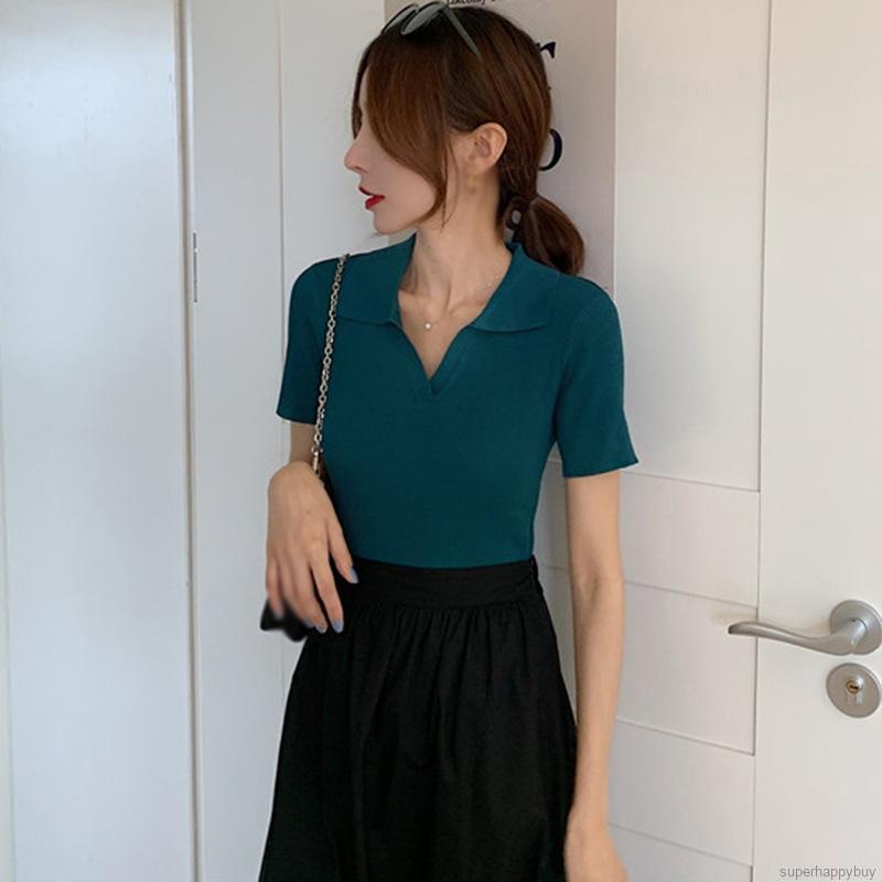 Áo Thun Dệt Kim Tay Ngắn Cổ Chữ V Thiết Kế Màu Trơn Thanh Lịch