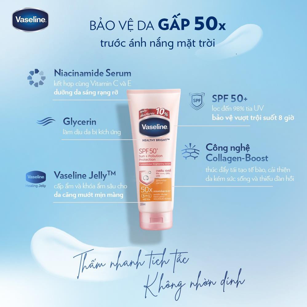 Mỹ phẩm siêu lành tính Vaseline 50x Serum chống nắng cơ thể SPF50 + dưỡng da sáng khoẻ 200ML