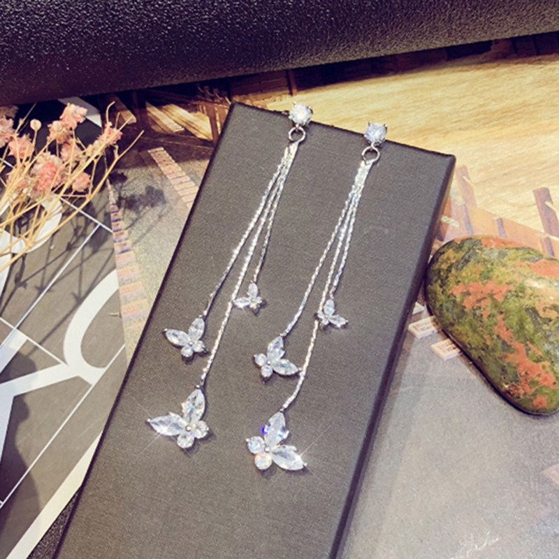 Butterfly Long Tassel Flower Earrings Rhinestone Earrings