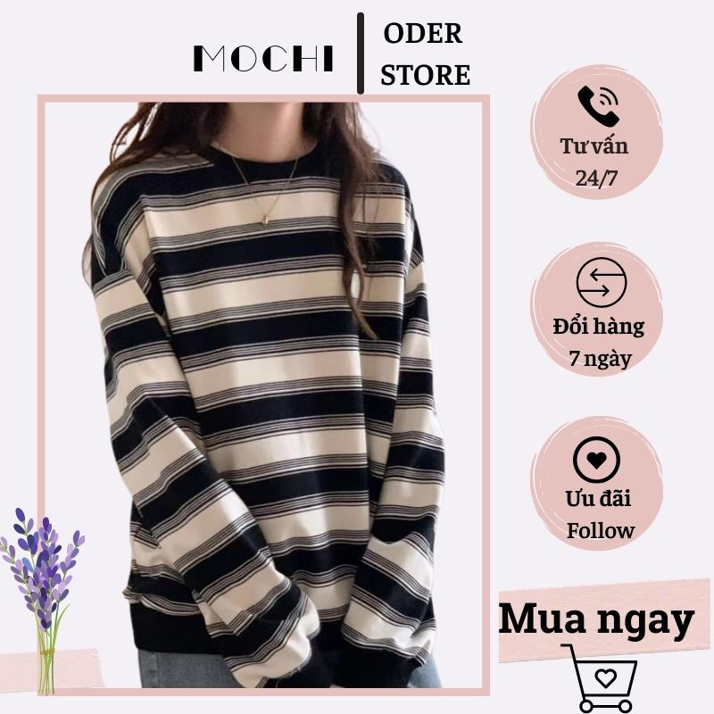Áo thun nỉ nữ sọc kẻ ngang, chất nỉ dày dặn, mềm mại, freesize, tay dài, form rộng, 2 màu, phong cách Hàn Quốc