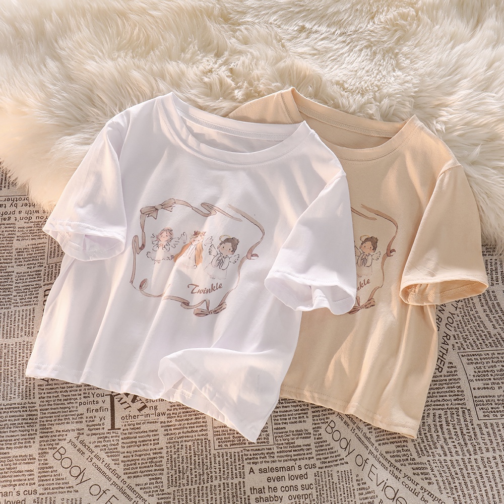 NUZIRO  Áo thun  tay ngắn cổ tròn in hình thiên thần nhỏ dễ thương thời trang cho nữ