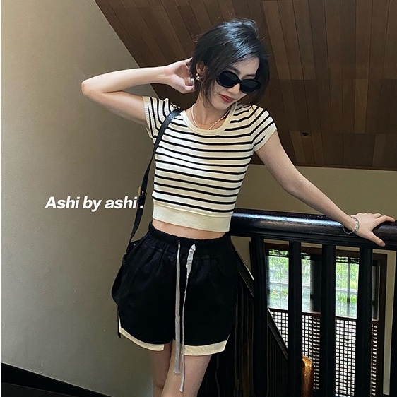 【ZHELIHANGFEI】Áo Thun Tay Ngắn Họa Tiết Kẻ Sọc Màu Sắc Tương Phản Dễ Phối Đồ