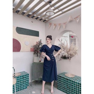 Đầm công sở maxi cổ V tay bí