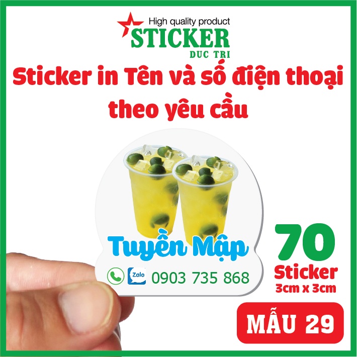 70 Sticker in tên và số điện thoại in theo yêu cầu. (sticker nhựa chống nước)