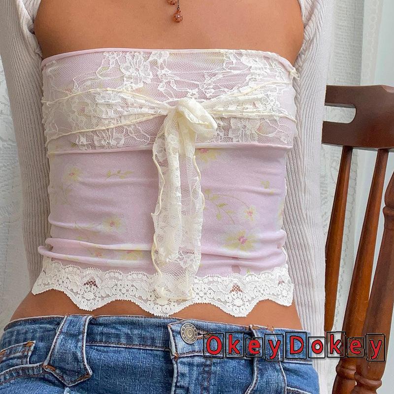 OKDK-Women Sexy Tube Tops Flower Print Lace Patchwork Strapless Off Shoulder Cropped Tank Tops