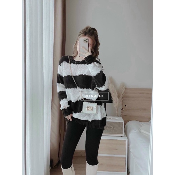 Áo len sọc trắng đen tay dài chị Nina Lê mặc siêu cưng LOTUS SHOP ơi