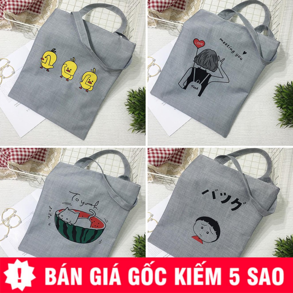 TÚI VẢI TOTE NỀN XÁM VÂN XƯỚC IN HÌNH XINH P1100