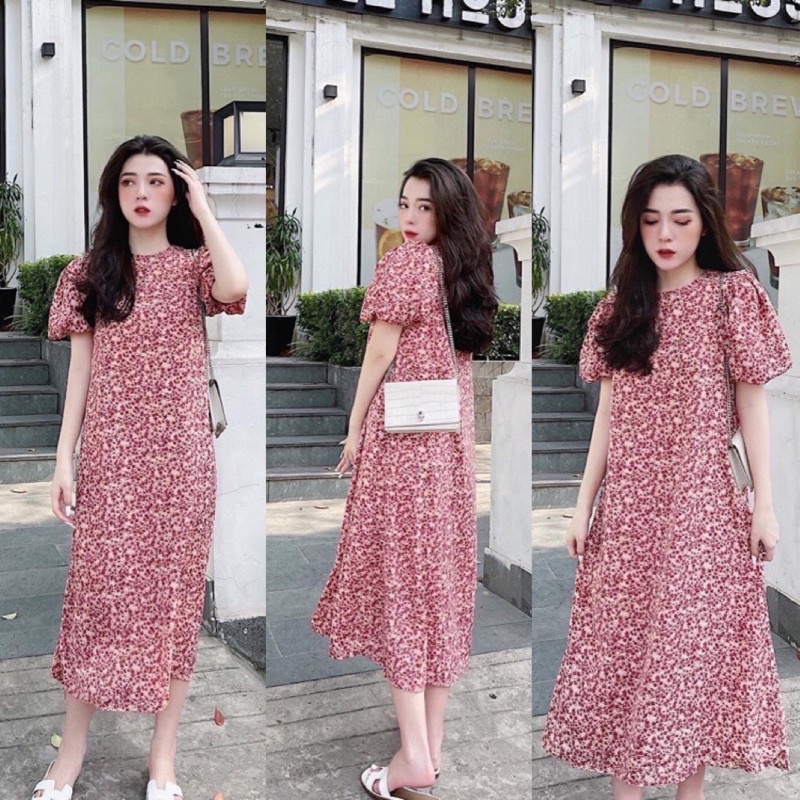đầm hồng hoa nhí tay phồng dáng xuông