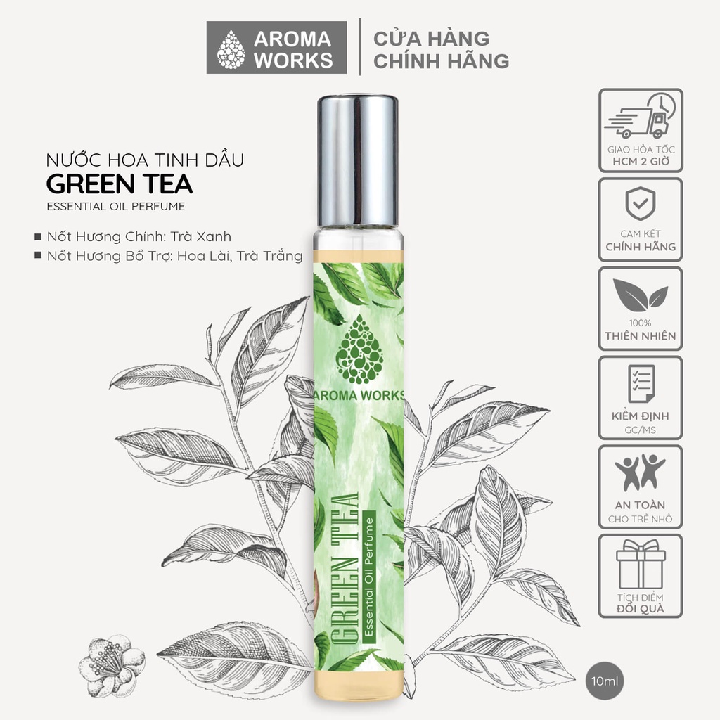 Tinh dầu nước hoa không cồn, lưu hương lâu Aroma Works Green Tea Essential Oil Perfume 10ml - Hương Trà Xanh
