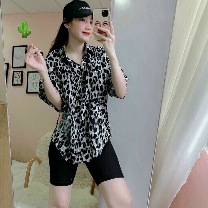 Set áo sơ mi họa tiết da beo + quần ngố đen