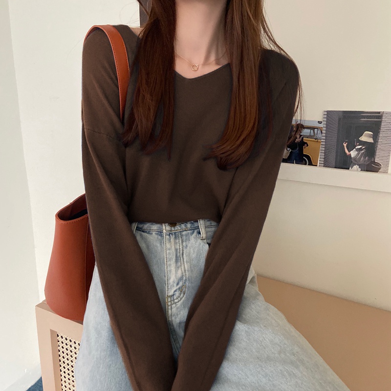 Áo dệt kim tay dài cổ chữ v dáng rộng phong cách cho nữ 44966