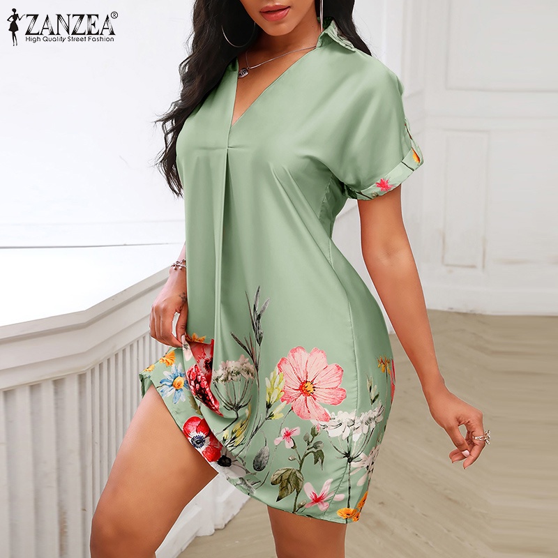 Đầm ngắn ZANZEA cổ chữ V hoạ tiết in bông hoa tinh tế dáng chữ A cổ điển ngọt ngào cho nữ