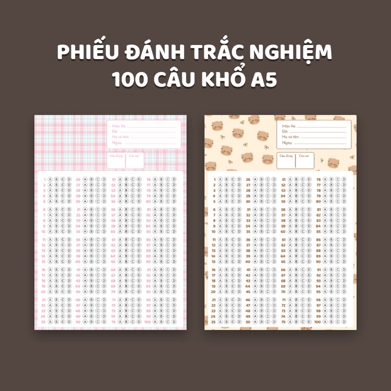Set 20 Giấy đánh trắc nghiệm 100 câu size giấy A5 hàn quốc