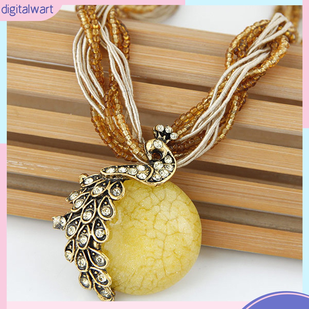 Vòng cổ Mặt Tròn Hình Chim Công Đính Đá Opal Nhân Tạo Phong Cách Bohemian