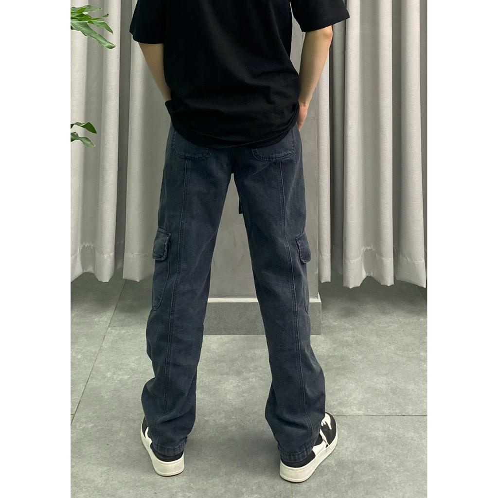 Quần jeans túi hộp cargo pants ống rộng cạp cao phối dây nhiều túi Unisex,phong cách Hiphop- Top store hình thật