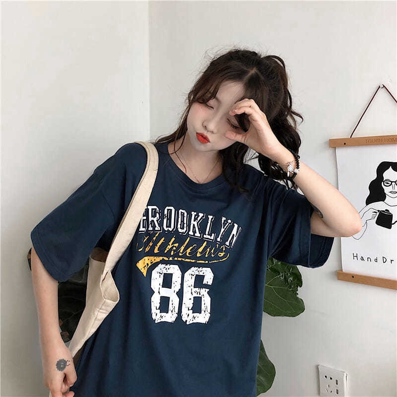 Women Summer Round Collar Big Code Korean Version Printed Loose Short Sleeve T-shirt Simple