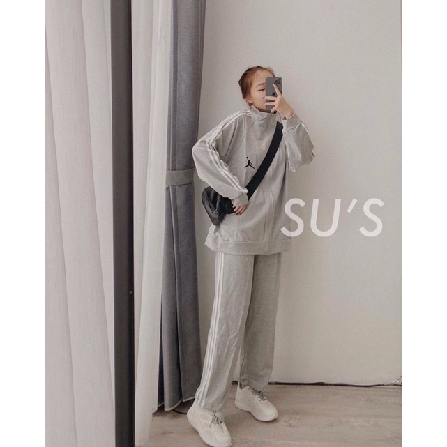 [Ảnh thật] Set bộ thể thao viền sọc thêu logo unisex QC nỉ tàu siêu dày (annstore)