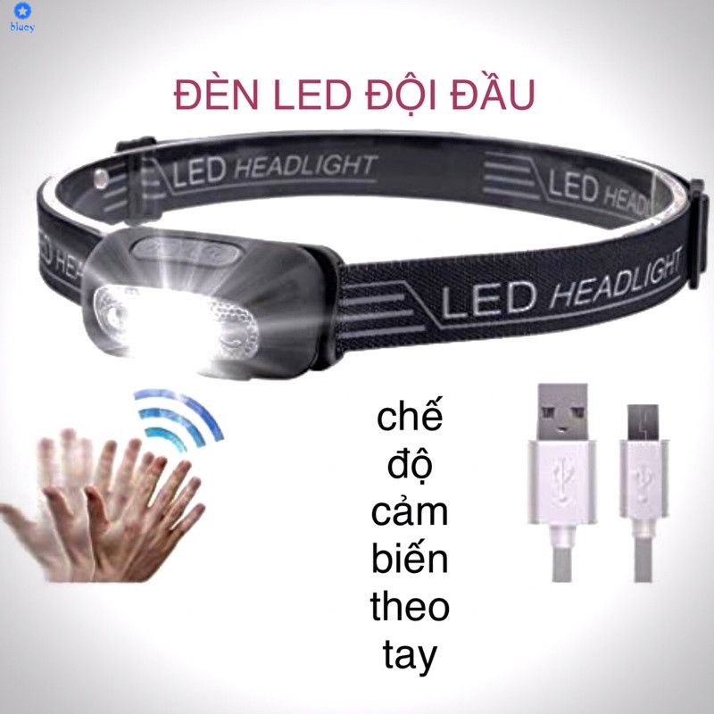 Đèn pin pha led đội đầu mini cảm biến hồng ngoại thông minh 2 chế độ cổng usb chống nước cho cắm trại