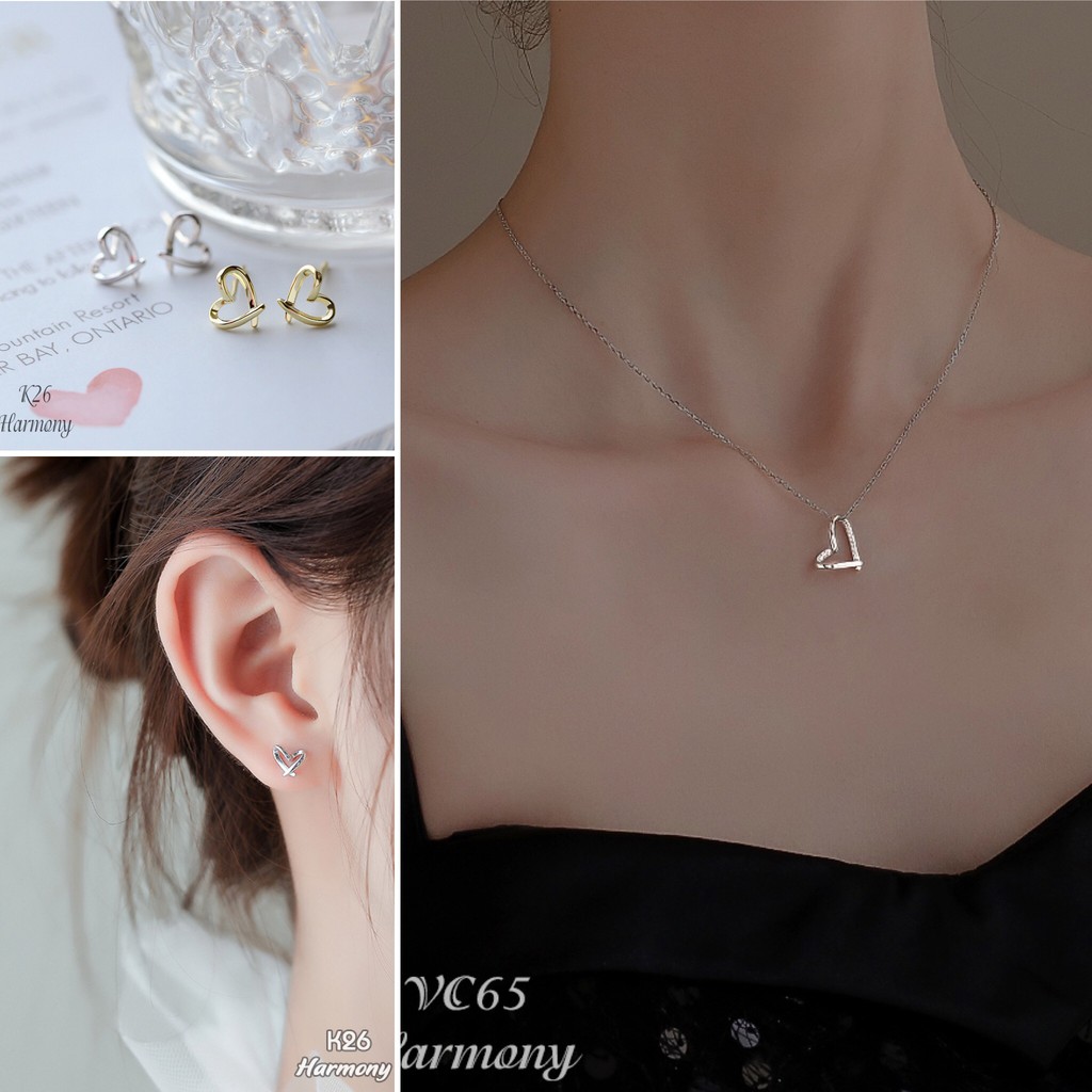 Bộ trang sức bạc mạ vàng cao cấp, khuyên tai và dây chuyền nữ Little Heart xinh xắn. nữ tính S32| TRANG SỨC BẠC HARMONY