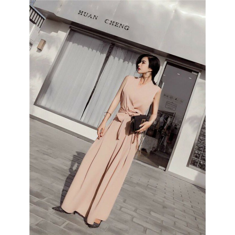 Jumpsuit dài ống rộng thắt eo, bộ jum không tay lụa tằm Ý, đồ bay - DTH