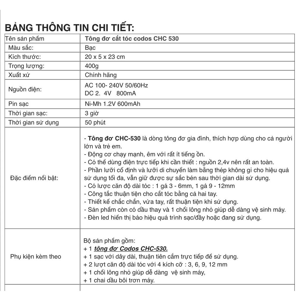 Tông Đơ Cắt Tóc Codol CHC 530 Siêu Tiện Dụng Cho Mọi Nhà