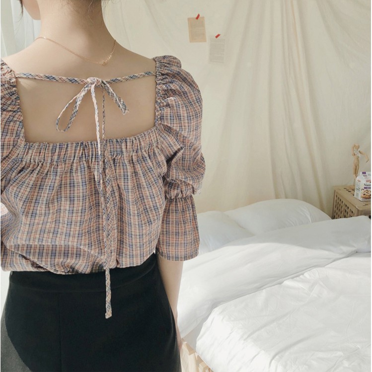 SUXI Áo kiểu tay lỡ hở lưng họa tiết sọc ca rô phong cách Hàn Quốc thời trang dành cho nữ