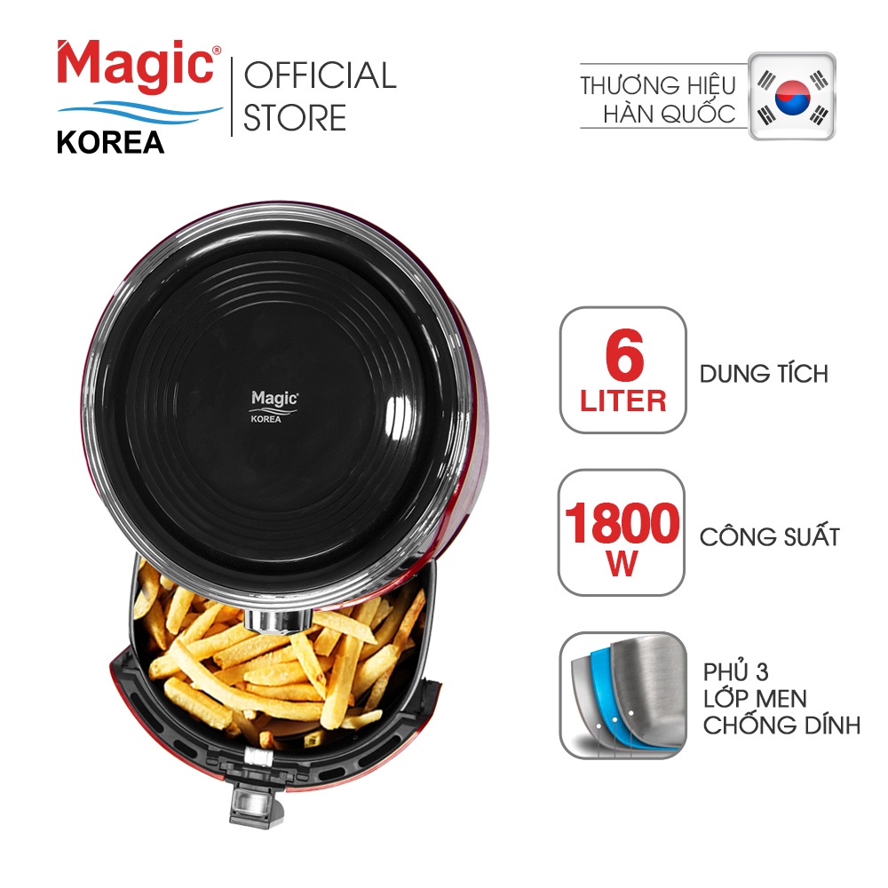 Nồi chiên không dầu Magic Korea A-801 Đỏ 6L cho gia đình 6-8 người, chiên nướng nguyên con gà 1.8kg- Hàng chính hãng