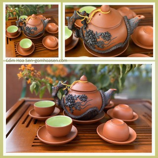 [Bát Tràng] Bộ Ấm Chén Tử Sa Đắp Nổi Hoa Phù Dung