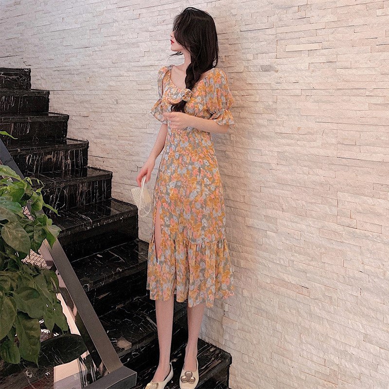 Đầm Tay Ngắn Hoạ Tiết Hoa Phong Cách Retro Quyến Rũ