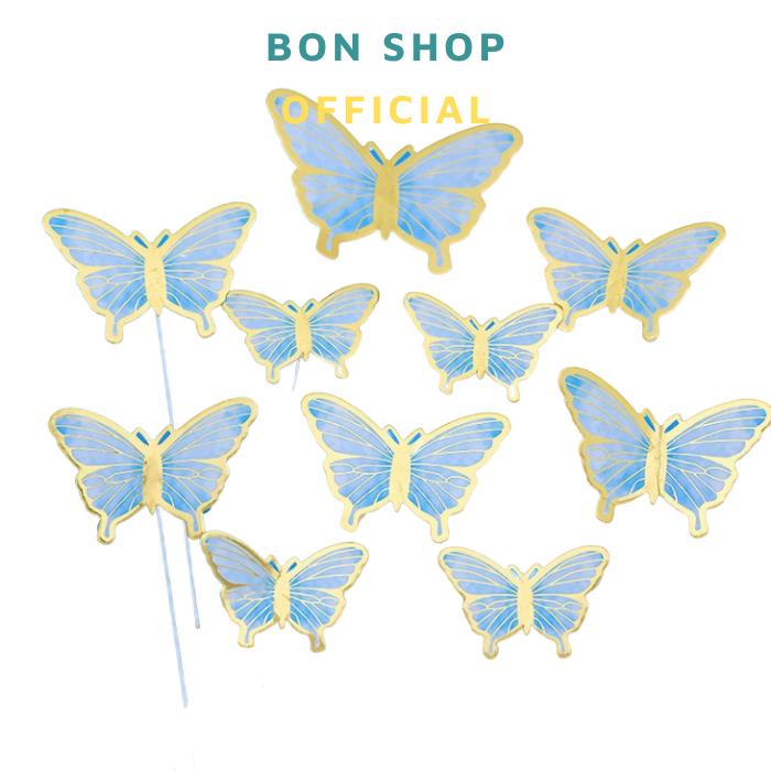 COMBO 10 Set Que Cắm  Bươm Bướm Giấy Nhũ Ép Kim Trang Trí Bánh Kem - nhiều màu
