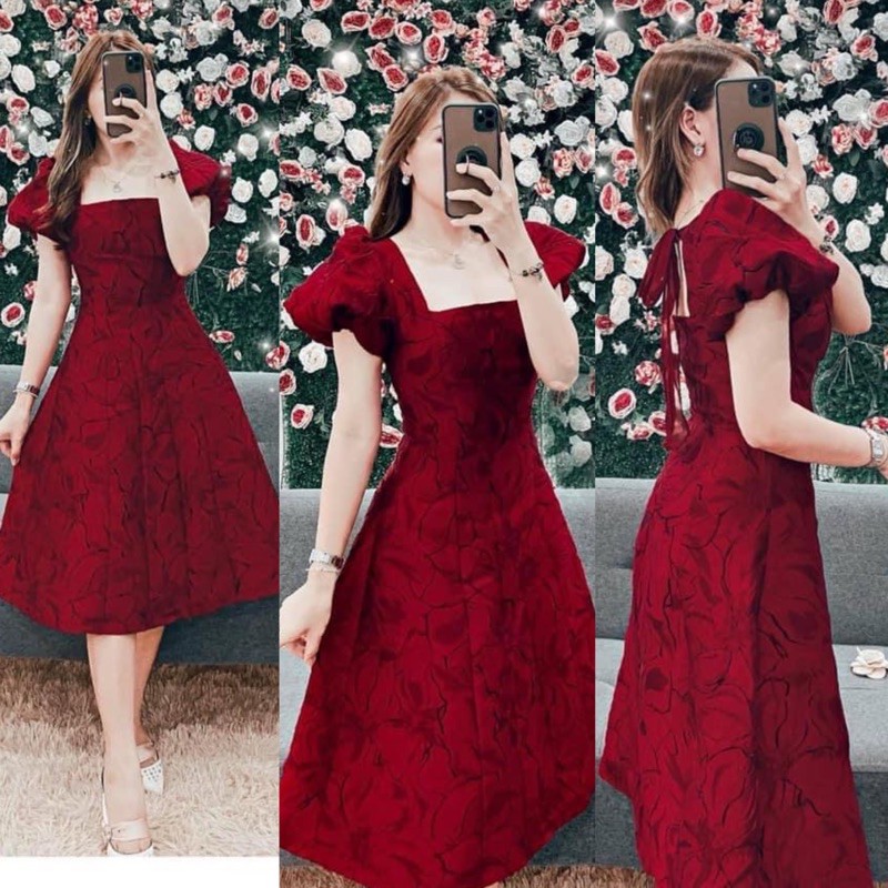 Đầm tay bồng gấm nơ lưng 2 màu | BigBuy360 - bigbuy360.vn