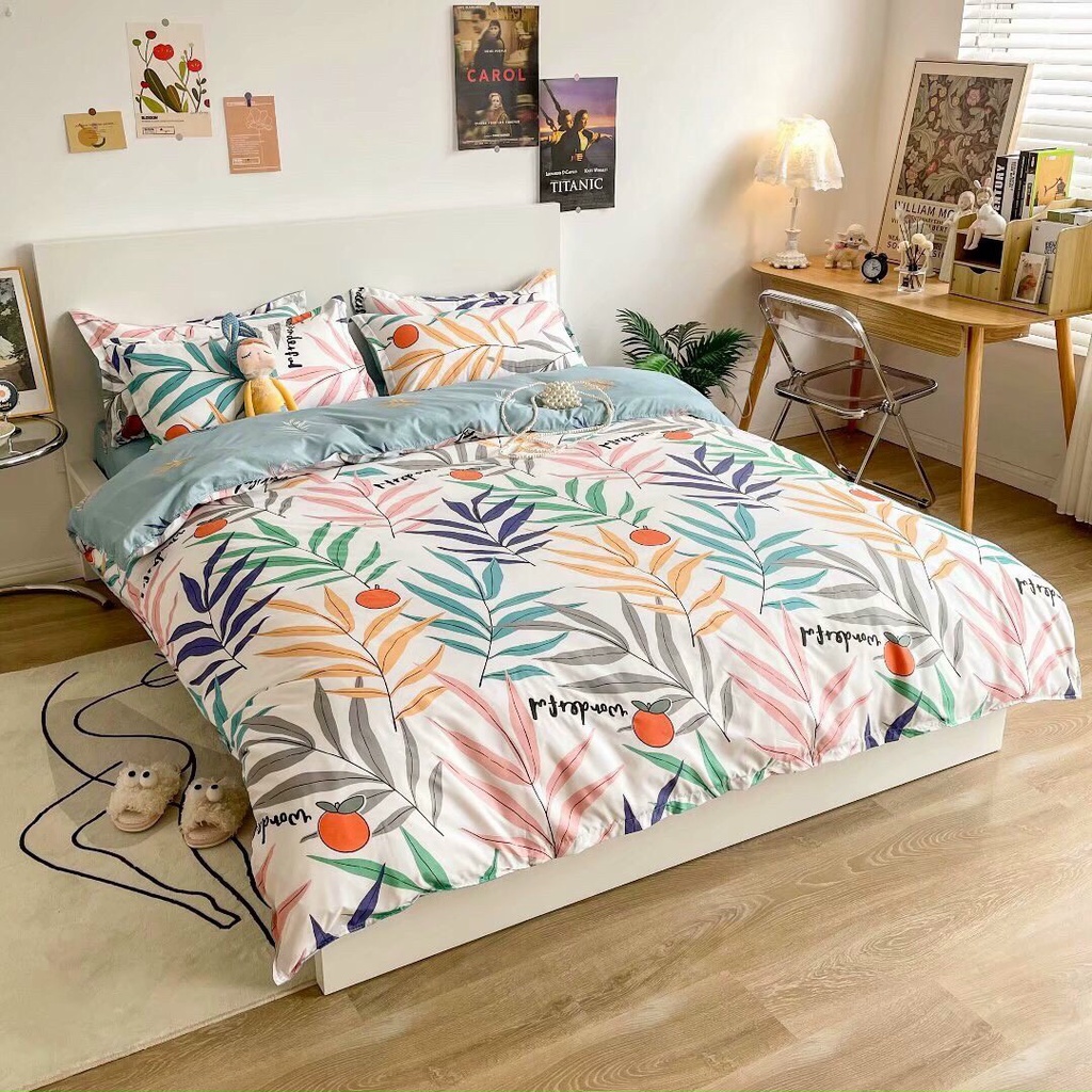 Bộ chăn ga gối Cotton Poly Decor bedding Cà chua dây, vỏ chăn mền, drap giường và 2 vỏ gối