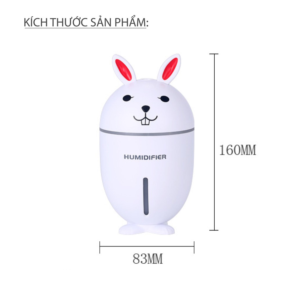 Máy Xông Tinh Dầu Hình Bé Thỏ Cute, Làm Ẩm Không Khí 4 Trong 1, Có Cổng Sạc USB (3 màu)