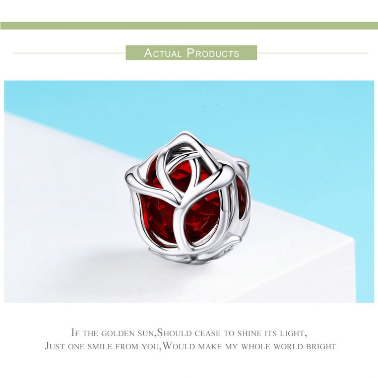 Mặt Trang Sức BAMOER SCC568 Bạc 925 Khắc Hình Hoa Đính Đá Màu Đỏ Tinh Tế Sang Trọng