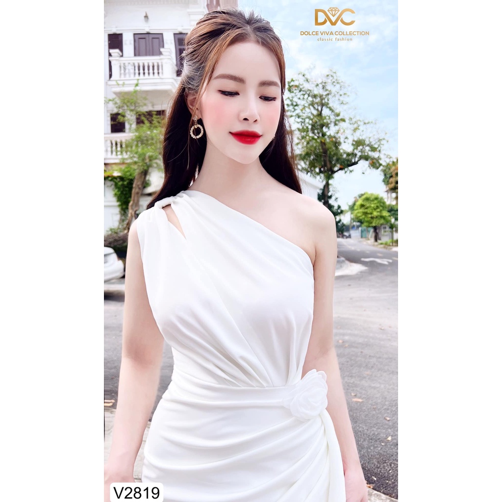 Váy trắng dáng body lệch vai nhún eo sang chảnh V2819