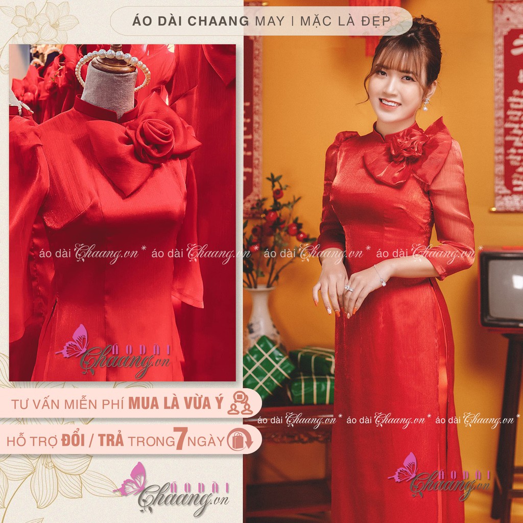 Áo Dài Tết Cách Tân Nữ 4 Tà Lụa Tơ Kim Đỏ Da Hồng Đính Nơ Hoa Thủ Công Dự Tiệc Du Xuân Đẹp