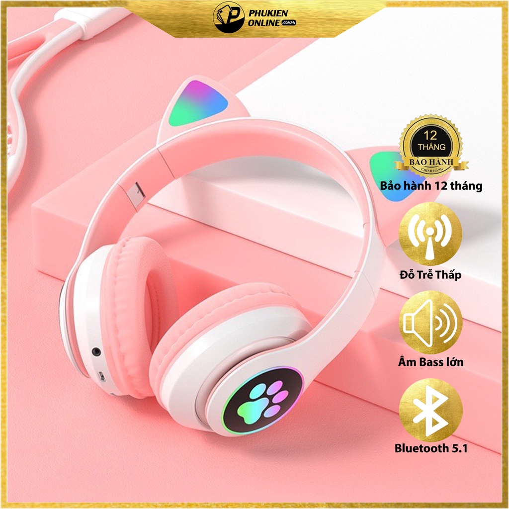 Tai nghe mèo VZV 23M – Có đèn led – Kết nối bluetooth 5.0 - headphone có micro – hỗ trợ điều chỉnh âm lượng – Có cổn AUX