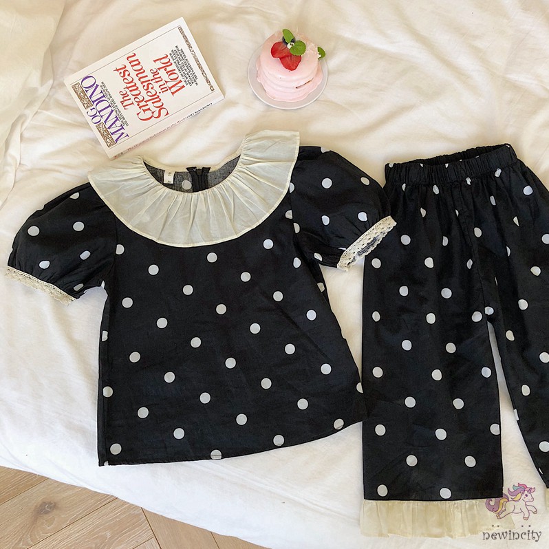 Bộ Áo Thun Tay Ngắn Phối Ren Họa Tiết Chấm Bi + Quần Dài Kiểu Hàn Quốc Thời Trang Mùa Hè Cho Bé Gái