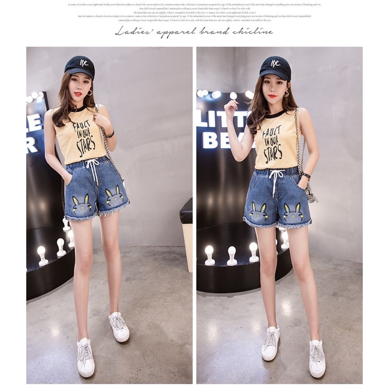 quần short jean màu xanh big size lưng thun thêu hình thỏ  size 70-90kg
