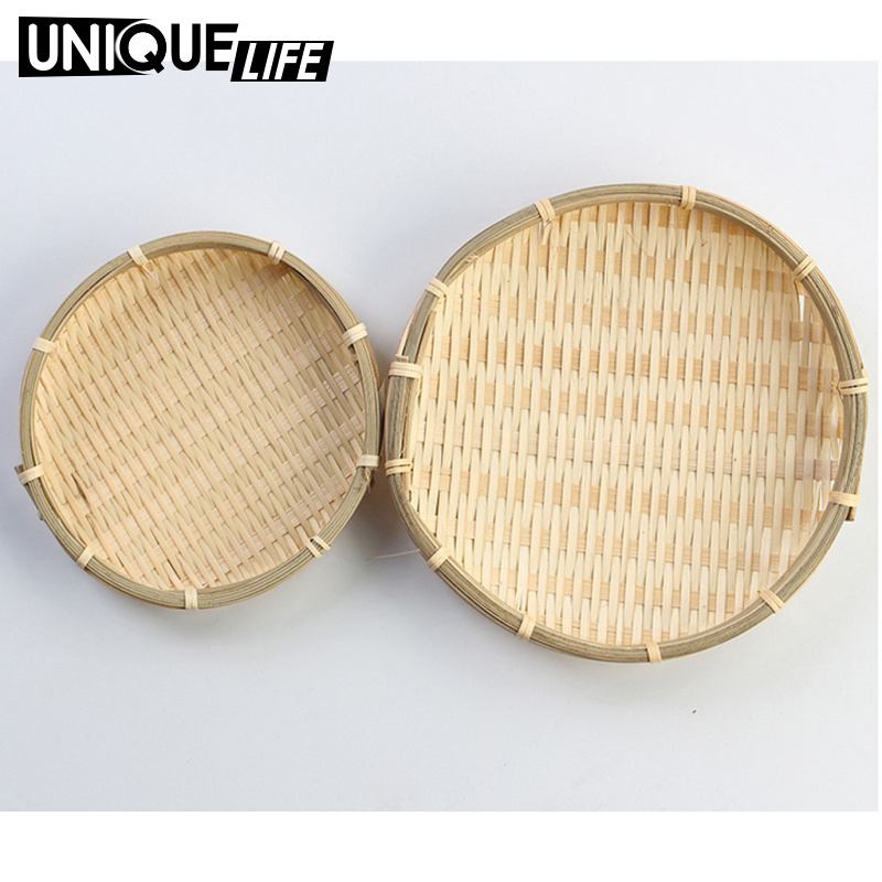 [Unique Life]2xBamboo Plate Bamboo Weave Sieve Groceries Baskets Circular Receive L